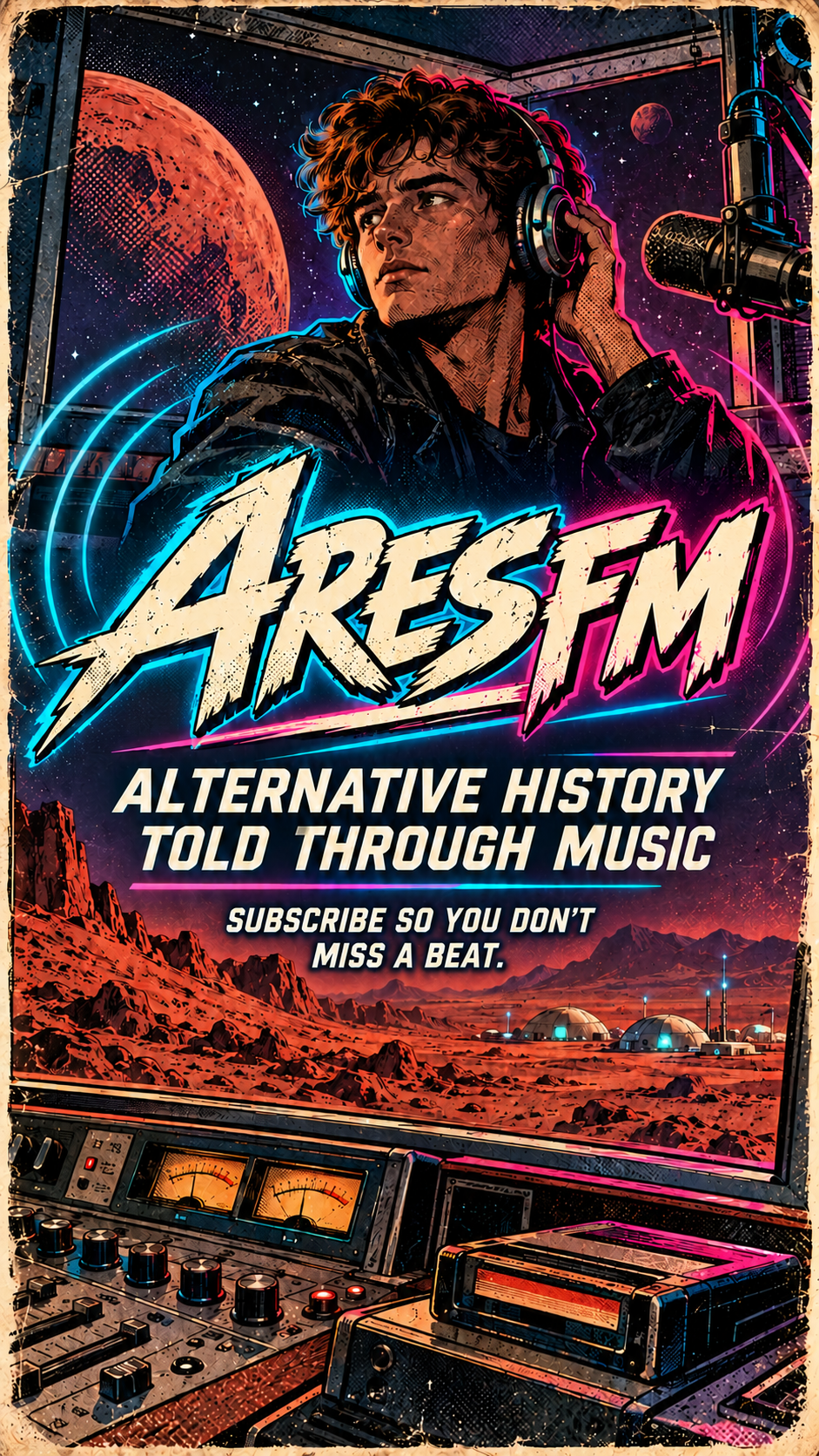 AresFM comic artwork: a radio presenter, a Martian landscape and an analogue console, lit by pink and cyan neon.